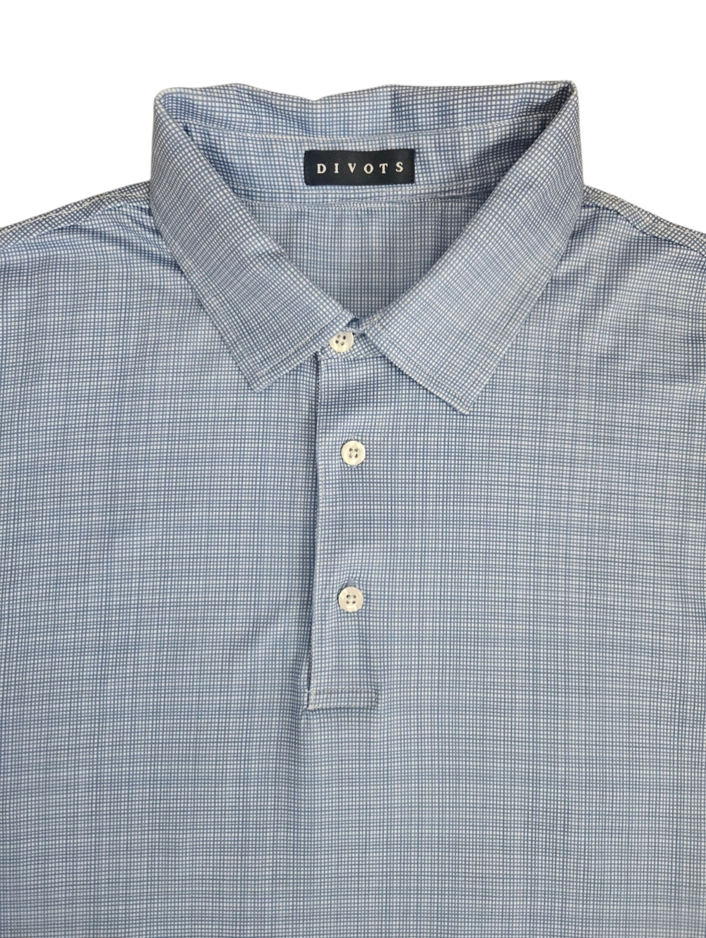 Divots Mens Blue White Micro Gingham Performance Golf Polo Shirt Sz Large